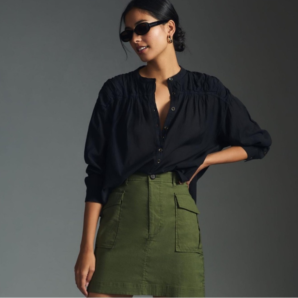 Pilcro Black Button-Front Peasant Blouse